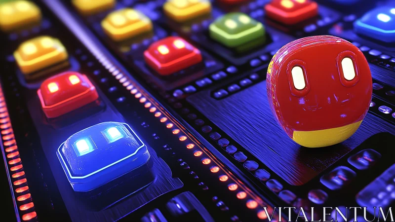 Colorful robot heads on glowing sci fi control panel.