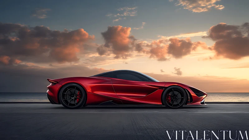 Side-profile hypercar render in sunset coastal environment