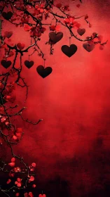 Heart-Shaped Ornaments Suspended on Crimson Background