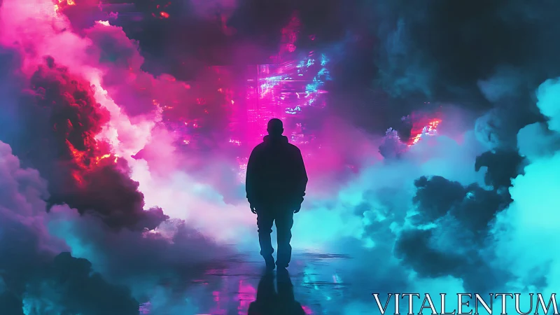 Silhouette enters neon portal through electric vapor corridors.