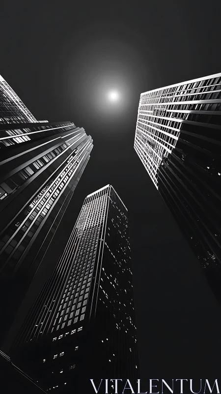 Monochrome skyscrapers converge under central glow in night sky