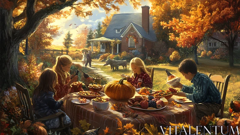 Autumn farmhouse yard feast with children at outdoor harvest table.