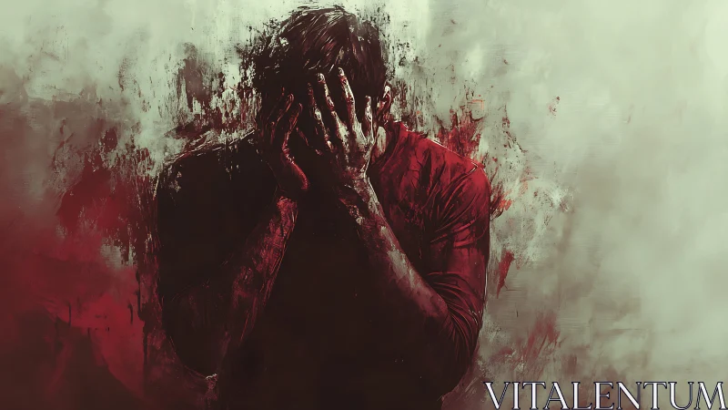 Expressionist digital portrait of distressed figure in red field.