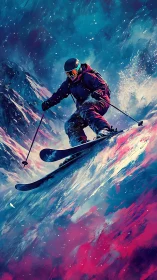 Skier carves a neon-lit mountain slope in blizzard motion