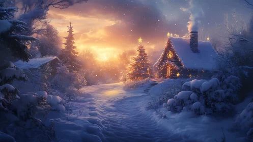 Snowy Christmas cabin glows warmly against a pastel sunset