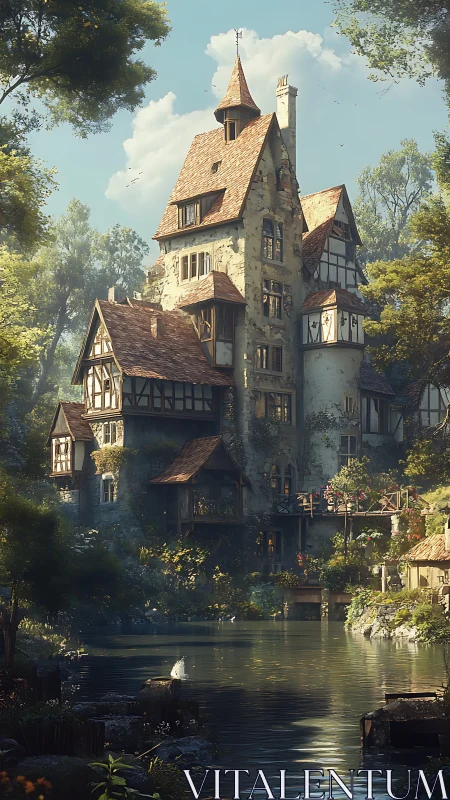 Riverside fairy-tale tower house with sunlit timber roofs.