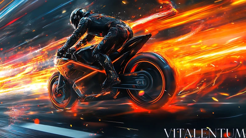 Motorcyclist on neon sportbike cutting through fiery streaks.