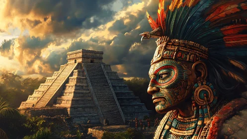 Digital painting of Mayan pyramid and ritual ruler profile.