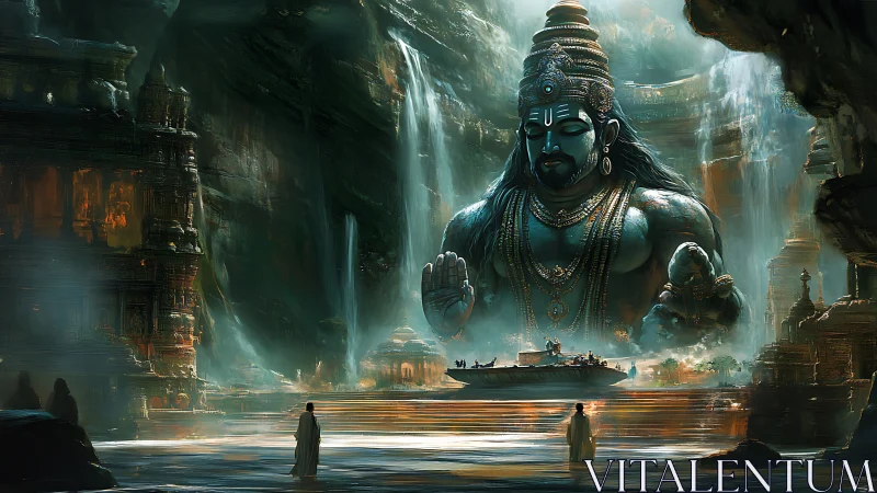 Colossal river deity watches over mystic waterfall temple.