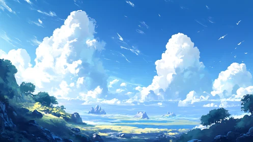 Coastal plain under cumulus clouds in bright daylight sky.