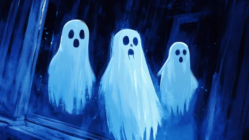 Playful blue ghosts drift together in a softly glowing night