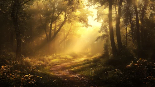 Golden Threshold: Sacred Forest Path Illuminated by Radiant Sunlight.