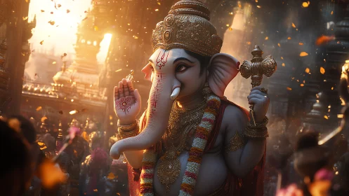 Digital painting of ornate Ganesha idol amid radiant temple procession.