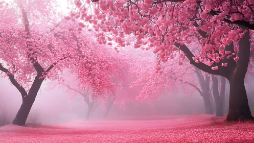 Cherry blossom walkway under soft atmospheric mist glow.