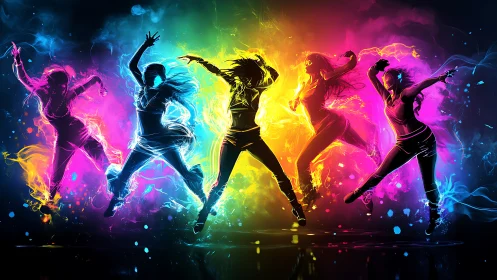 Colorful dancers leaping through glowing splashes of light.
