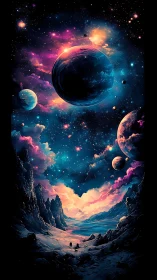 Multi-planet nebular sky above crystalline alien canyon vista