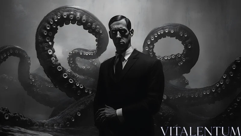 Mysterious gentleman stands amid curling sea tentacles.