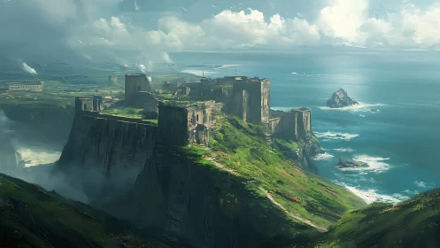 Coastal cliff settlement with columnar basalt formations and industrial infrastructure.