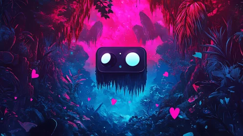 Floating camera module hovers above neon jungle landscape