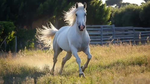 Sunlit white stallion charging through a golden pasture.