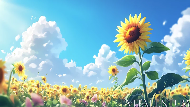 Digital painting of towering sunflowers under cumulus sky.