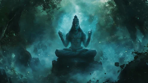 Meditating blue deity in misty forest with glowing aura.