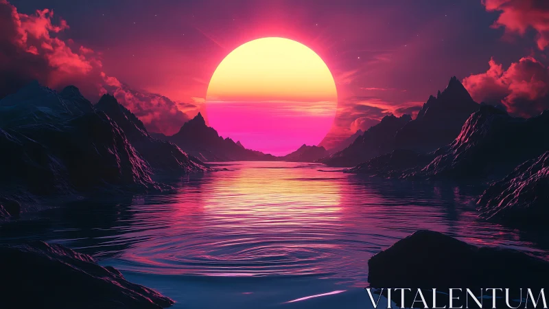 Neon sunset over alien mountains and reflective ocean horizon.