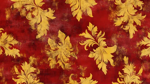 Baroque gold damask leaves on distressed red backdrop.