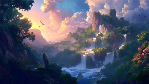 Sunrise cascades over an emerald fantasy waterfall realm.