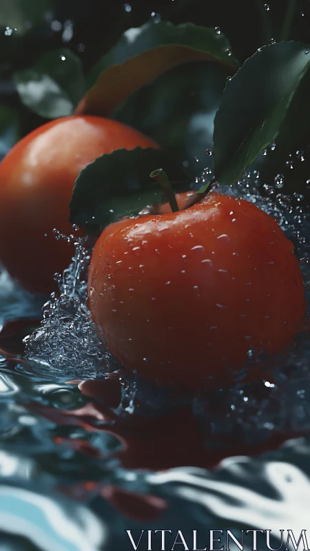 Hydrodynamic splash study with specular apples and foliage.