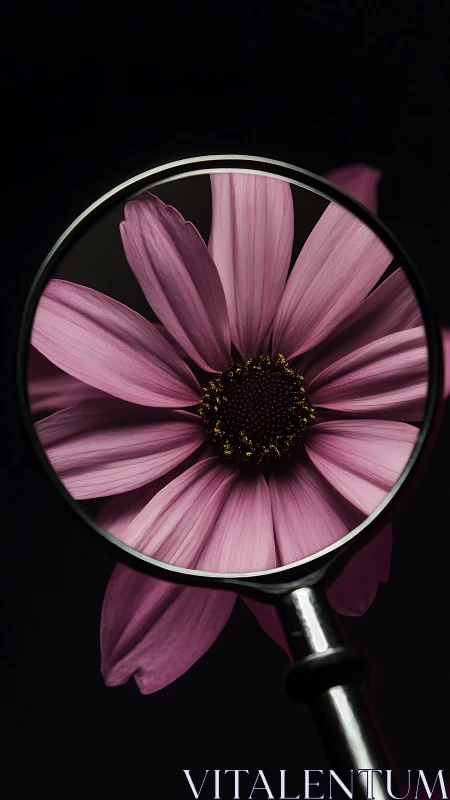 Pink daisy under magnifying glass on dark background.