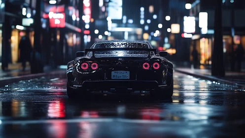 Midnight sports car on neon soaked rainy city street.