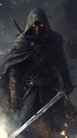 Ember-eyed plague knight strides through war-torn dusk.