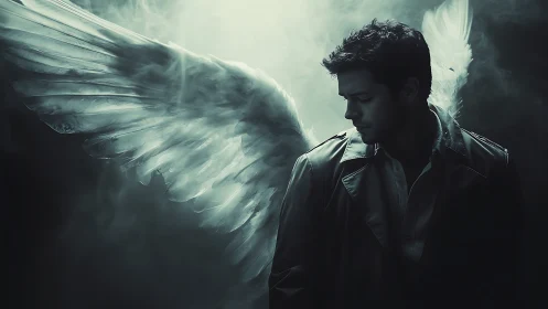 Brooding male angel with white wings in misty darkness.