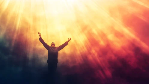 Silhouette worshiper reaches toward radiant golden light