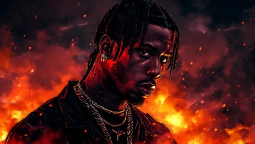 Smoldering portrait of a man standing strong before blazing fire