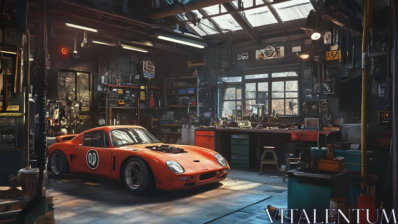 Sunlit workshop refuge with a resting vintage race car.
