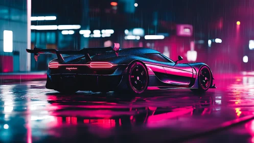 Hypercar in neon rain with reflective cyberpunk street lighting.