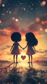 Silhouetted Children Holding Hands at Sunset Over Water.