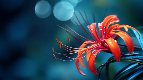 Red Striped Tropical Flower Against Teal Blurred Background