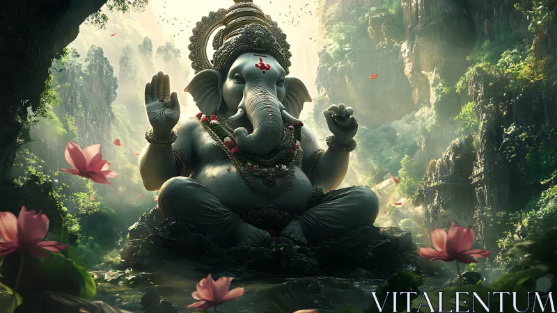 Majestic Ganesha statue sits amid misty jungle canyon