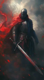 Armored knight with red cloak holding greatsword in smoke.