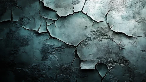 Weathered cracked wall texture in moody teal lighting, abstract art.