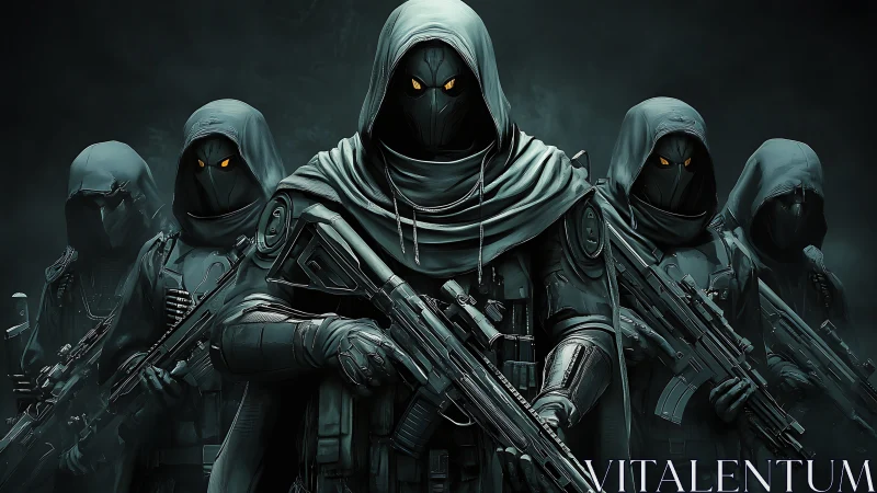 Shrouded gunmetal phantoms converge in a silent firing line