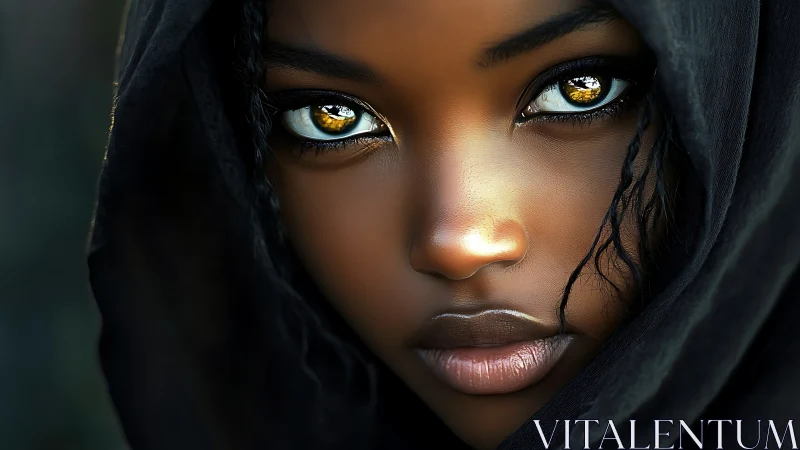 Hyper-detailed portrait highlights luminous golden irises and cloaked face