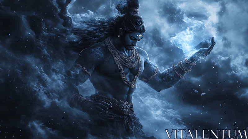 Mystical blue deity shaping swirling cosmic energy clouds.