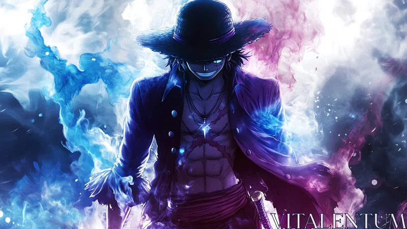 Bilateral chromatic energy aura around cloaked anime fighter.