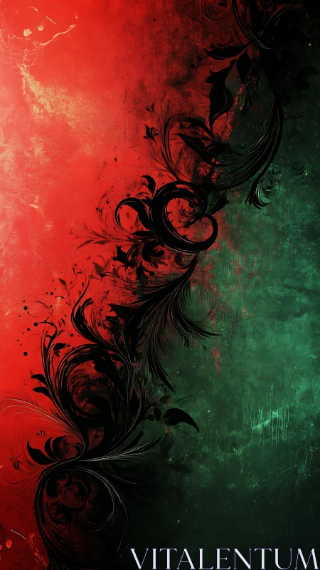 Red and green split background with black floral divider.