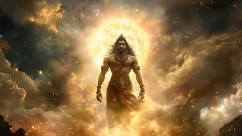 Radiant mythic warrior emerging from celestial golden nebula