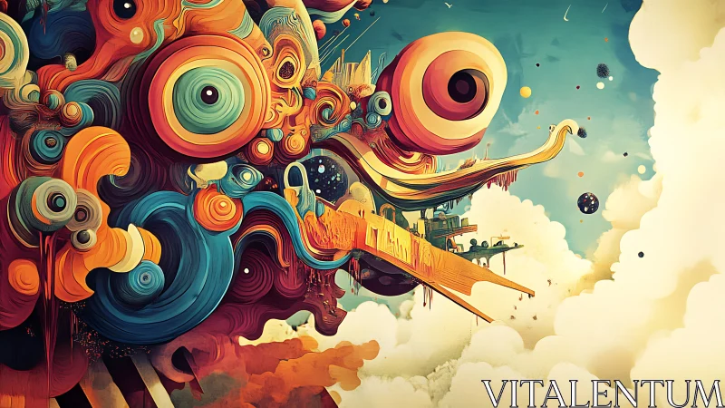 Surreal orbital airship amid swirling chromatic vortex forms.